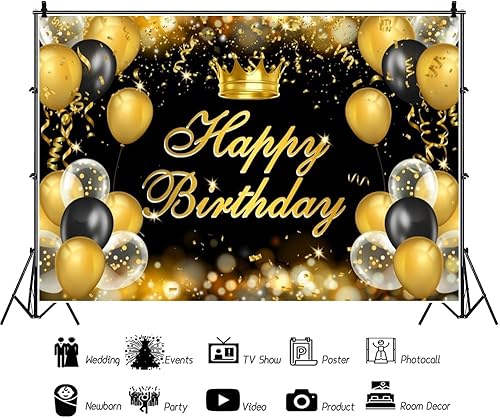 Miniatura 6 de Laeacco Telón de fondo de feliz cumpleaños de 10 x 8 pies, color negro y dorado, para fotografía de cumpleaños, globos con purpurina Bokeh,