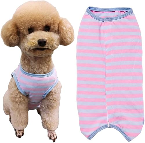 Vista 67 de Traje de recuperación para perros, camisa poscirugía para cachorros, ropa protectora de heridas para animales (rayas blancas y rosadas, XL)