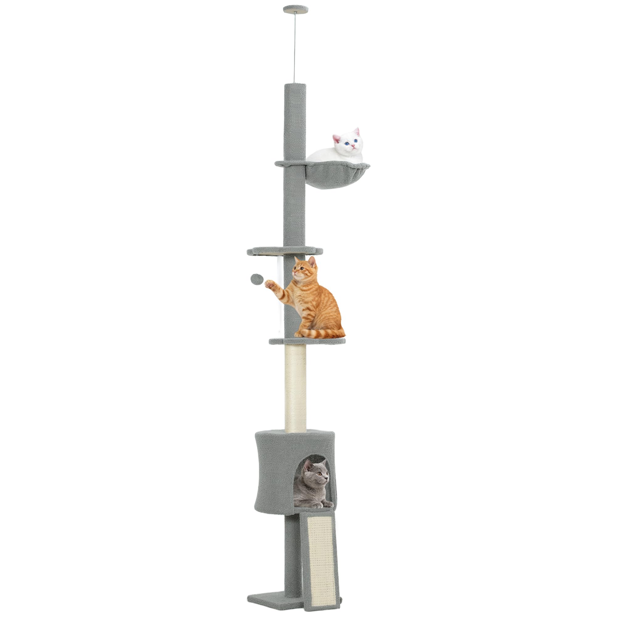 PawHut Árbol para Gatos de Suelo a Techo Regulable 220-240 cm Gris Claro | Torre para Gatos, Hamaca, Plataformas en Forma de Flor, Cuevas, Rampa, Bola