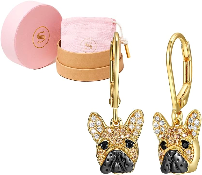 SCAMPER & CO French Bulldog Dangle Earrings for Women, 18K Yellow Gold & Gunmetal Plated Sterling Silver, Jewelry for Dog Lovers