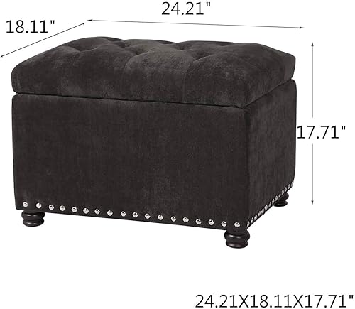 Miniatura 8 de Homebeez Banco otomano de almacenamiento copetudo, taburete de terciopelo con parte superior elevadora y ribete de cabeza de clavo (gris claro, no