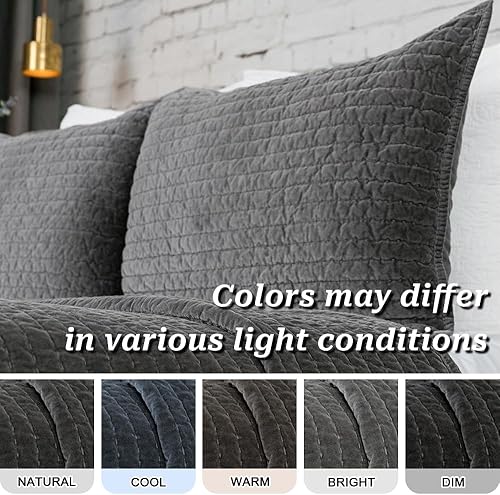 Miniatura 5 de ELEGANT LIFE HOME Colcha reversible de terciopelo gris oscuro, colcha reversible de terciopelo de algodón real con costuras para fotos, tamaño