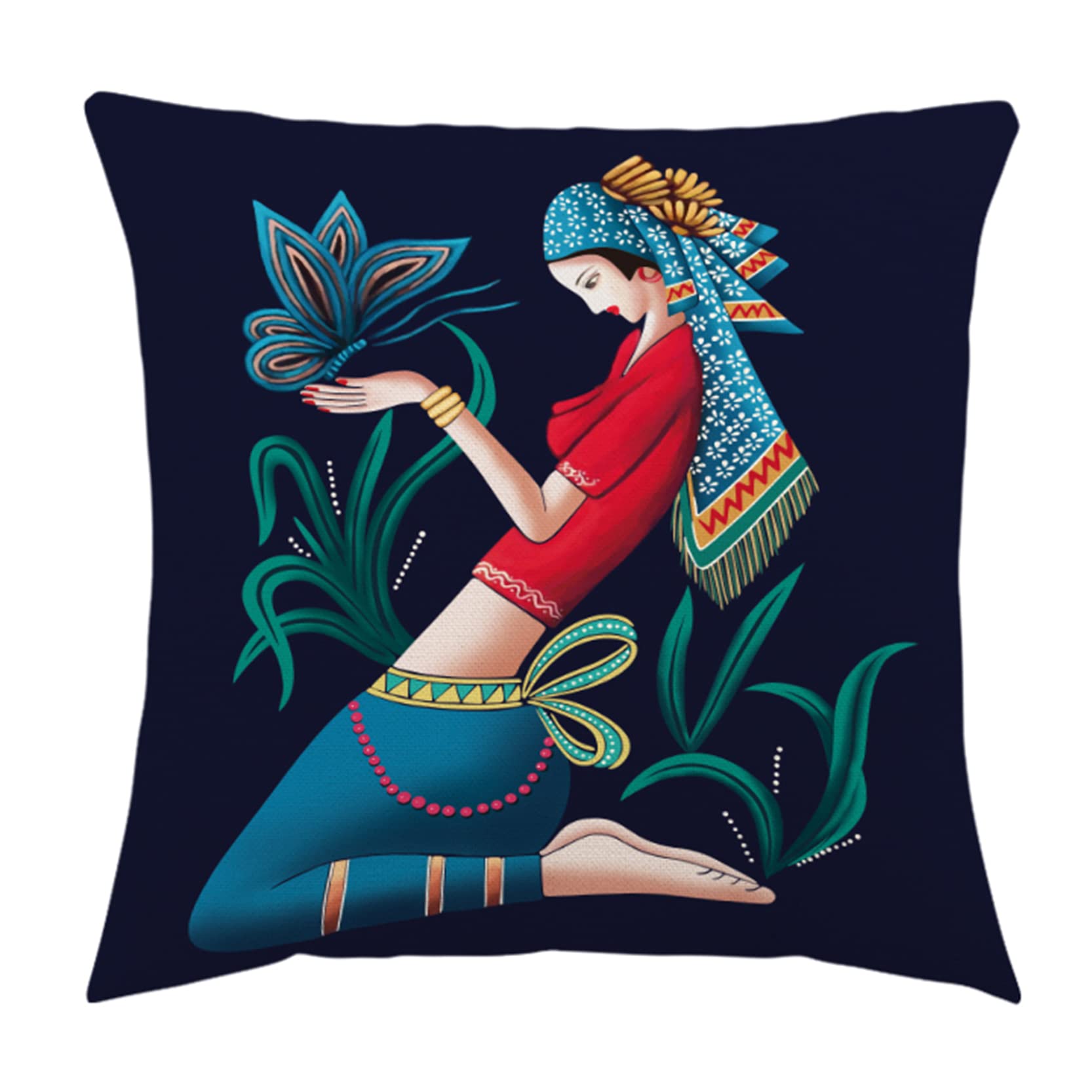 Funda de Almohada Decorativa Seda Estilo Chino, Funda cojín Yunnan Dai, 2 Piezas, Fundas Decorativas cuadradas Lino y algodón, decoración rústico(L)