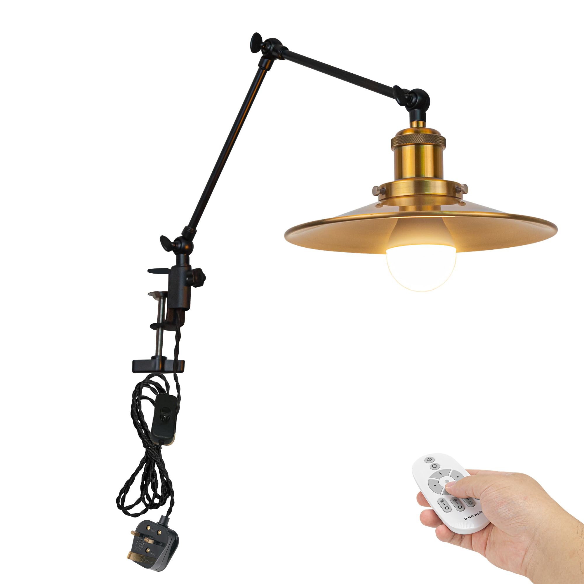 FSLiving Dimmable Desk Lamp Clamp, Desk Lamp Clip Light with Flexible Swing Arm and Remote Control,Decorative Iron Clamp Lamp Adjustable for Office Study Reading with Gold Lampshade