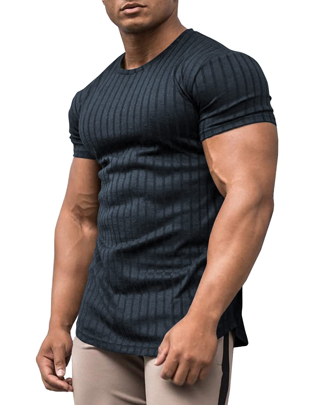 URRU T-shirt extensible à manches courtes pour homme - Coupe ajustée, bleu marine, Taille XL
