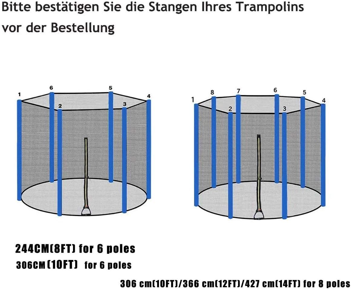 Trampolin Ersatzteile für Gartentrampolin, Trampolin Netz Ø 244 306 366 427 cm füR 6/8 Stangen, Trampolin Ersatznetz Sicherheitsnetz, Reißfest, UV-Beständig