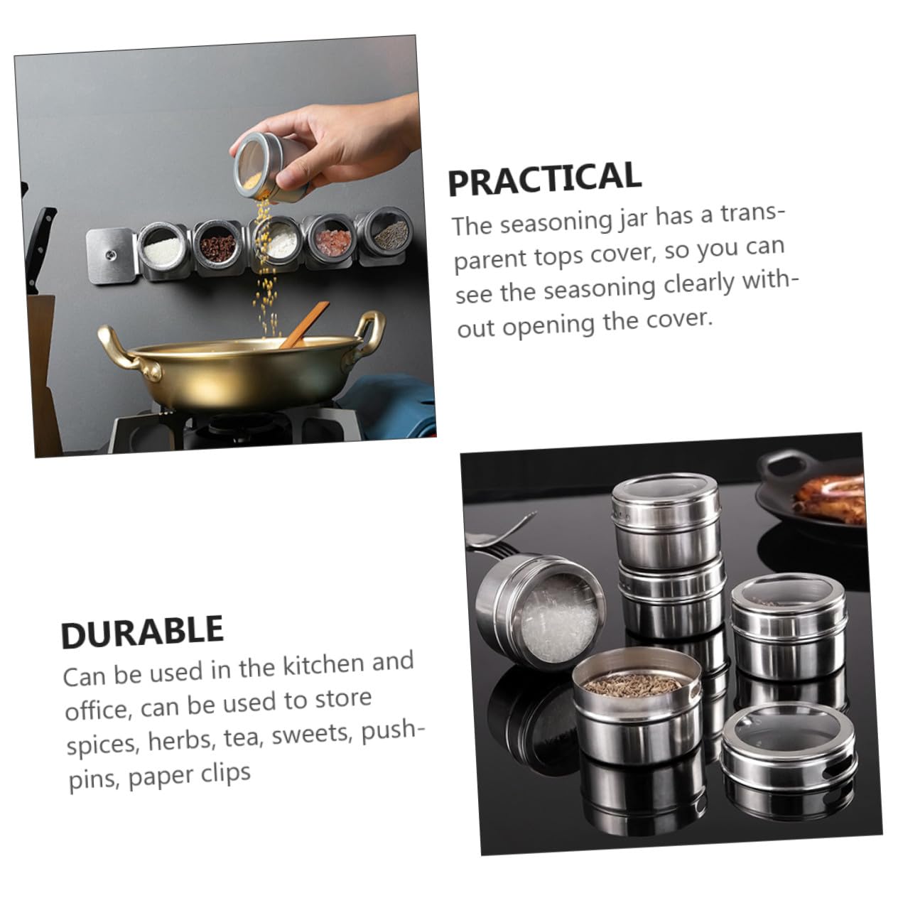 8 pièces Lot de Boîtes à Épices Aimantées Acier Inoxydable avec Couvercle Hermétique et Étiquettes Organiseur Multi-usage pour Cuisine et Bureau