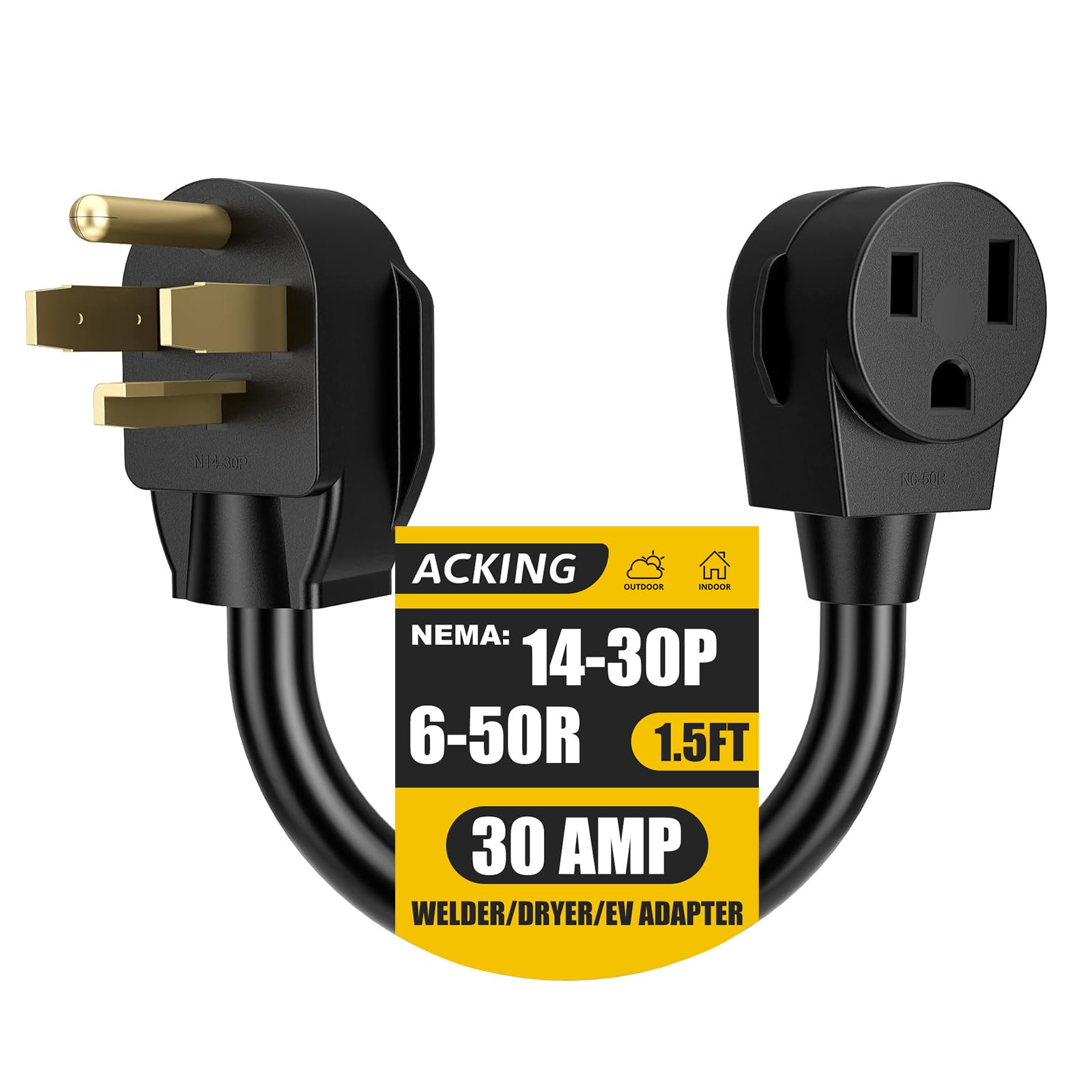 Photo 1 of **UNTESTED**
ACKING 1.5FT Welder Adapter Generator Cord 4 Prong NEMA 14-30P to 3 Prong 6-50R 240V Welder Dryer EV Charger Adaptor Power Cord Adapter Connector?Heavy Duty STW 10AWG*3C 250V 12500 Watt