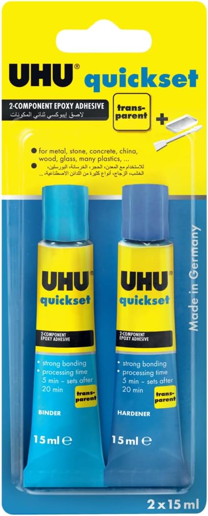 UHU Quickset Plus 5 Min, Universal, Fast And Strong, 2 Component Epoxy Resin Repair Glue, 2 Tubes X 15 Ml, Transparent
