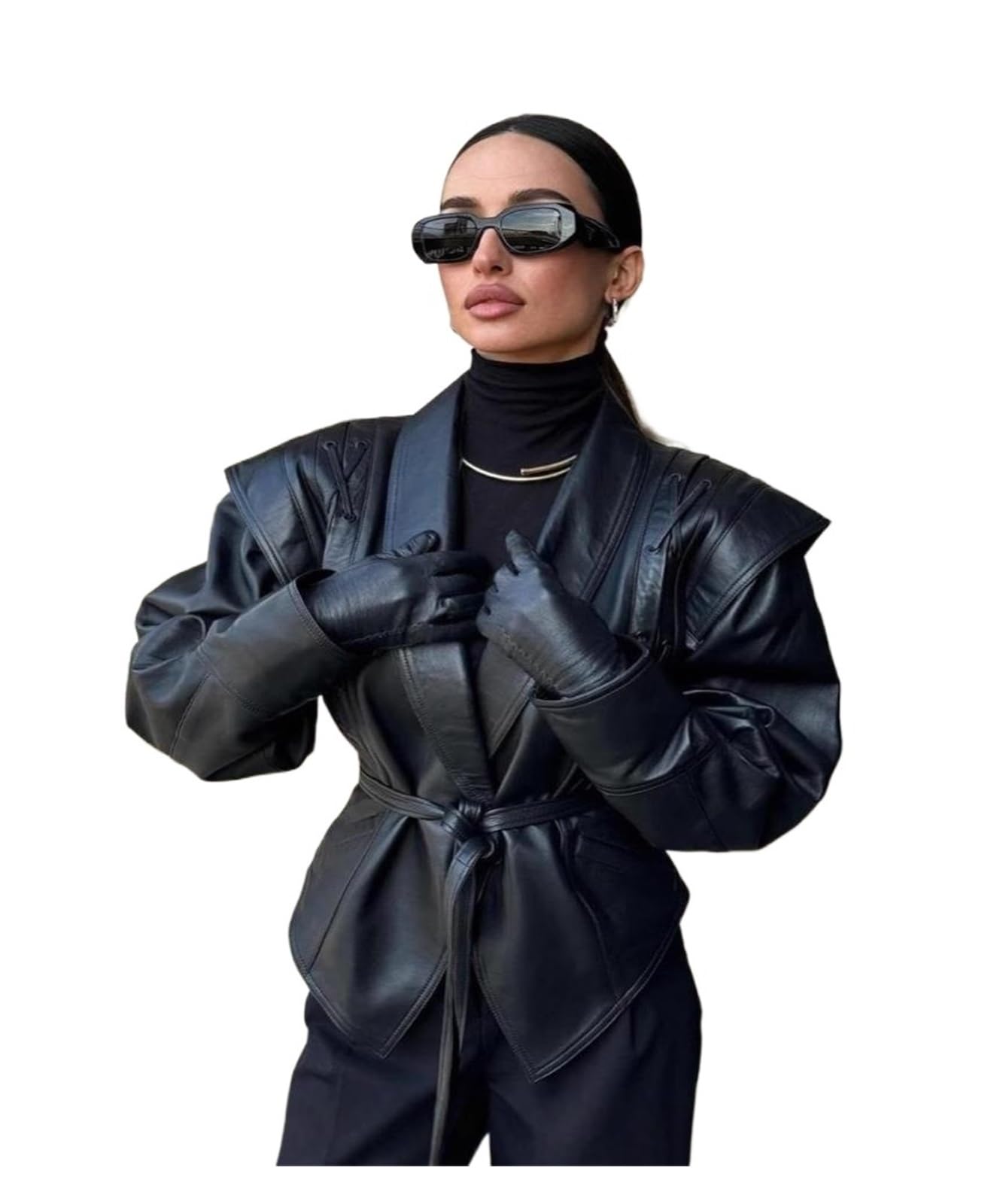 Chaqueta Cuero Mujer Faux Black Jacket Coat With Belt Lapel Women's Outwear Para salir