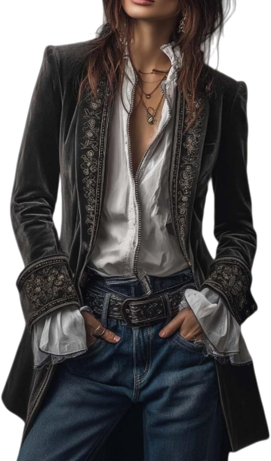 Womens Velvet Open Front Jacket Blazer Vintage Floral Embroidered Cardigan Elegant Spring Long Sleeve Outfits