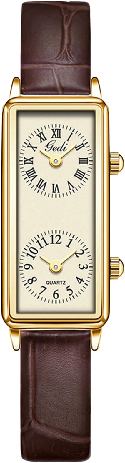 Womenโs Vintage Rectangle Watch Dual Time Zone Waterproof Ladies Quartz Analog Watch for Small Wrist with Two Dials, Roman & Arabic Numerals, Leather Strap for Travel & Business