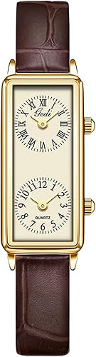 Gosasa Womens Vintage Rectangle Watch Dual Time Zone Waterproof Ladies Quartz Analog Watch for Small Wrist with Two Dials, Roman & Arabic Numerals,