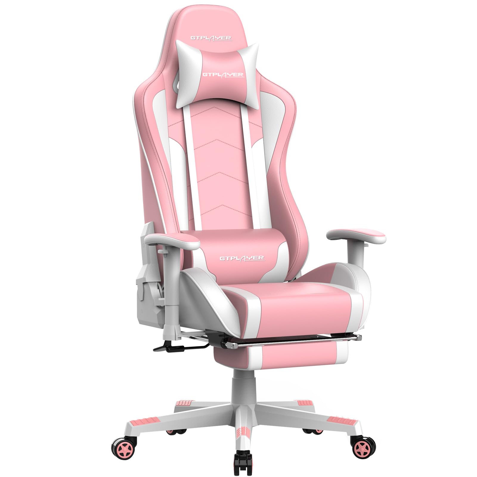 GTPLAYER Silla de gamer con reposapiés, altavoz Bluetooth, ergonómica, para ordenador, con respaldo ajustable, capacidad de carga de 150 kg, color rosa