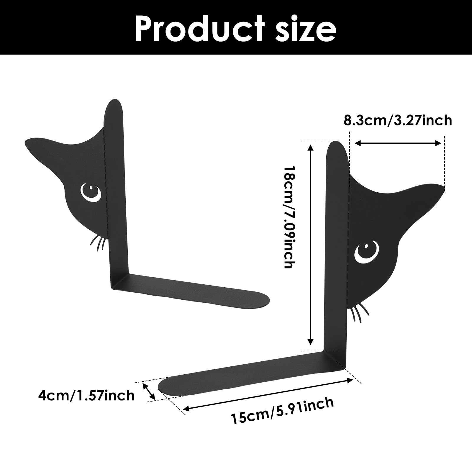 Lot De 2 Serre-livres En Métal - Motif Chat - 15 × 4 × 18 Cm (largeur De La Tête De Chat : 8,3