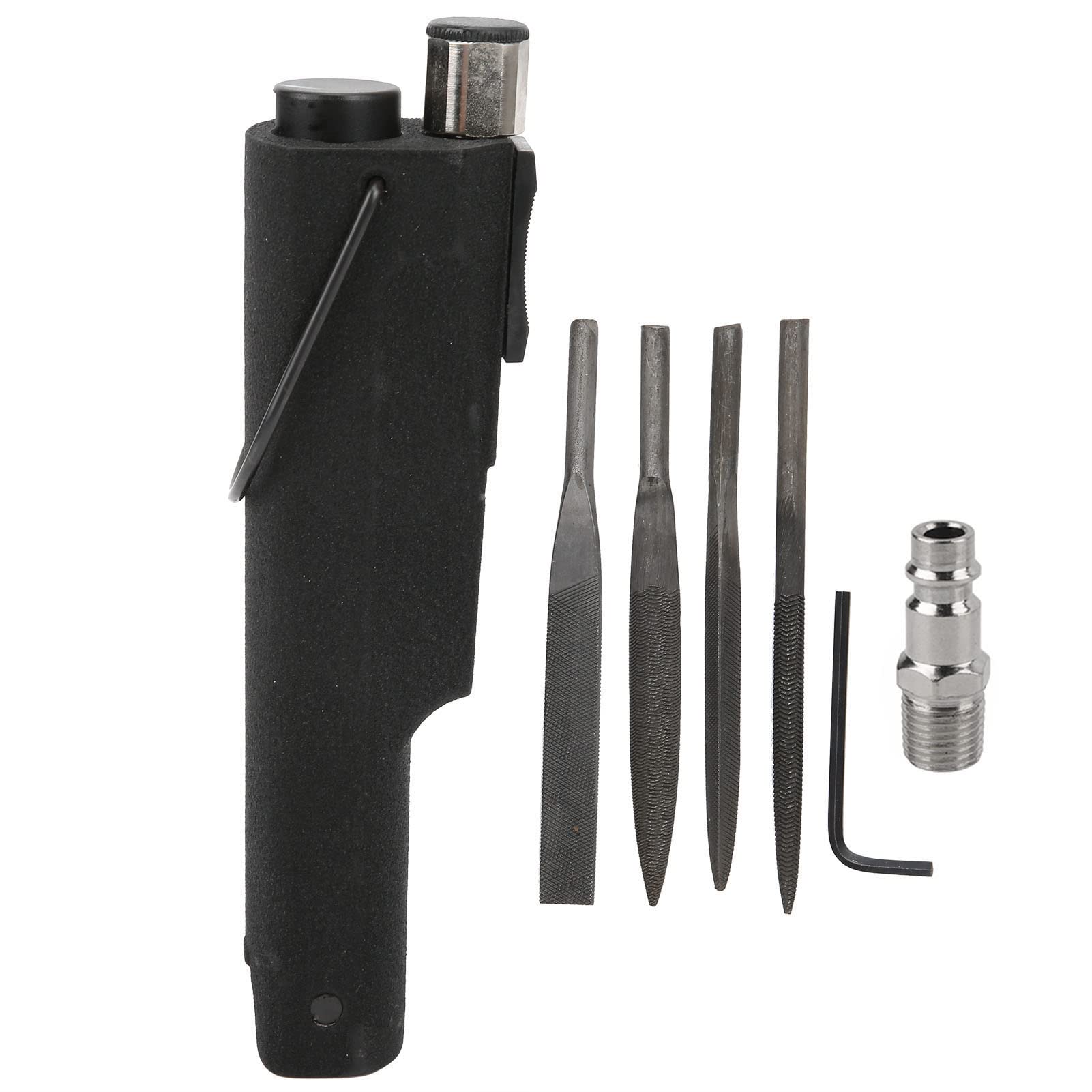 Eujgoov Pilnik Pneumatyczny KP 755 Pilnik Pneumatyczny ze Stali Stopowej 3700 uderzeń na minutę Skok 9 Mm 6,2 Kg Cm2 z 4 Pilnikami i Kluczem Sześciokątnym do Gratowania Fazowanie Przycinanie (Styl UE)