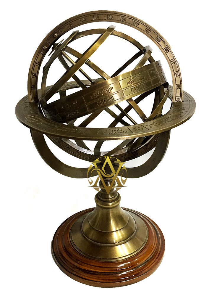 Antique Vibes Astrological Armillary Globe on Wooden Base Brass Solid Globe Sphere Desk-Table Gift Ideas