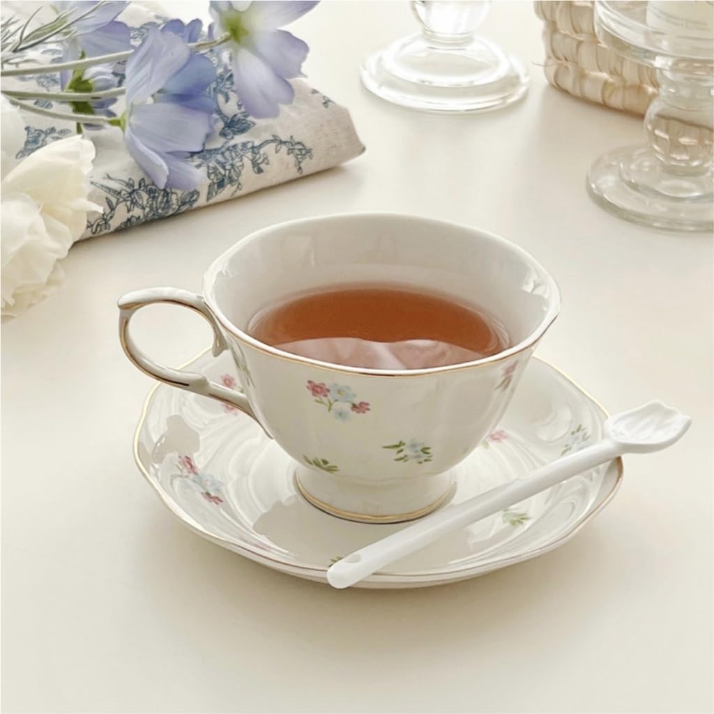 Coffee cup set Fashion Gold-painted Retro Small Floral Ceramic Coffee Cup and Saucer Set High-end Afternoon Tea Hanging Ear Light Luxury Coffee Mug