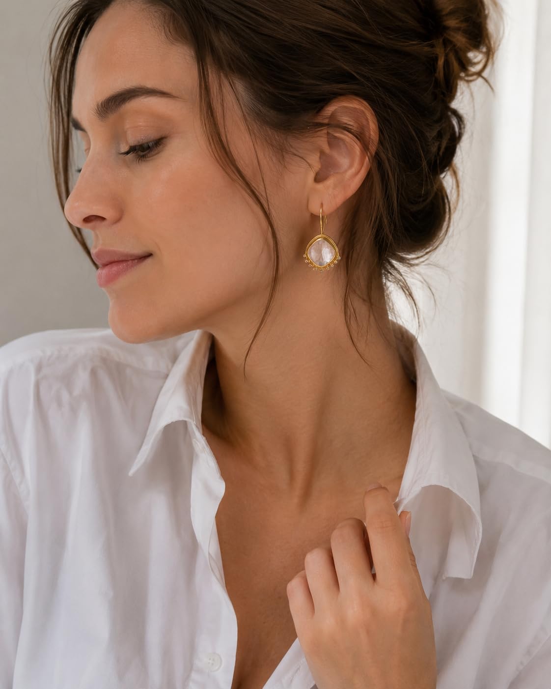 Orecchini in argento sterling placcato oro con diamanti e quarzo rosa- Gemma Naturale - Regalo di Compleanno - Regalo di Natale - Idee Regalo Fatto a Mano per le Donne