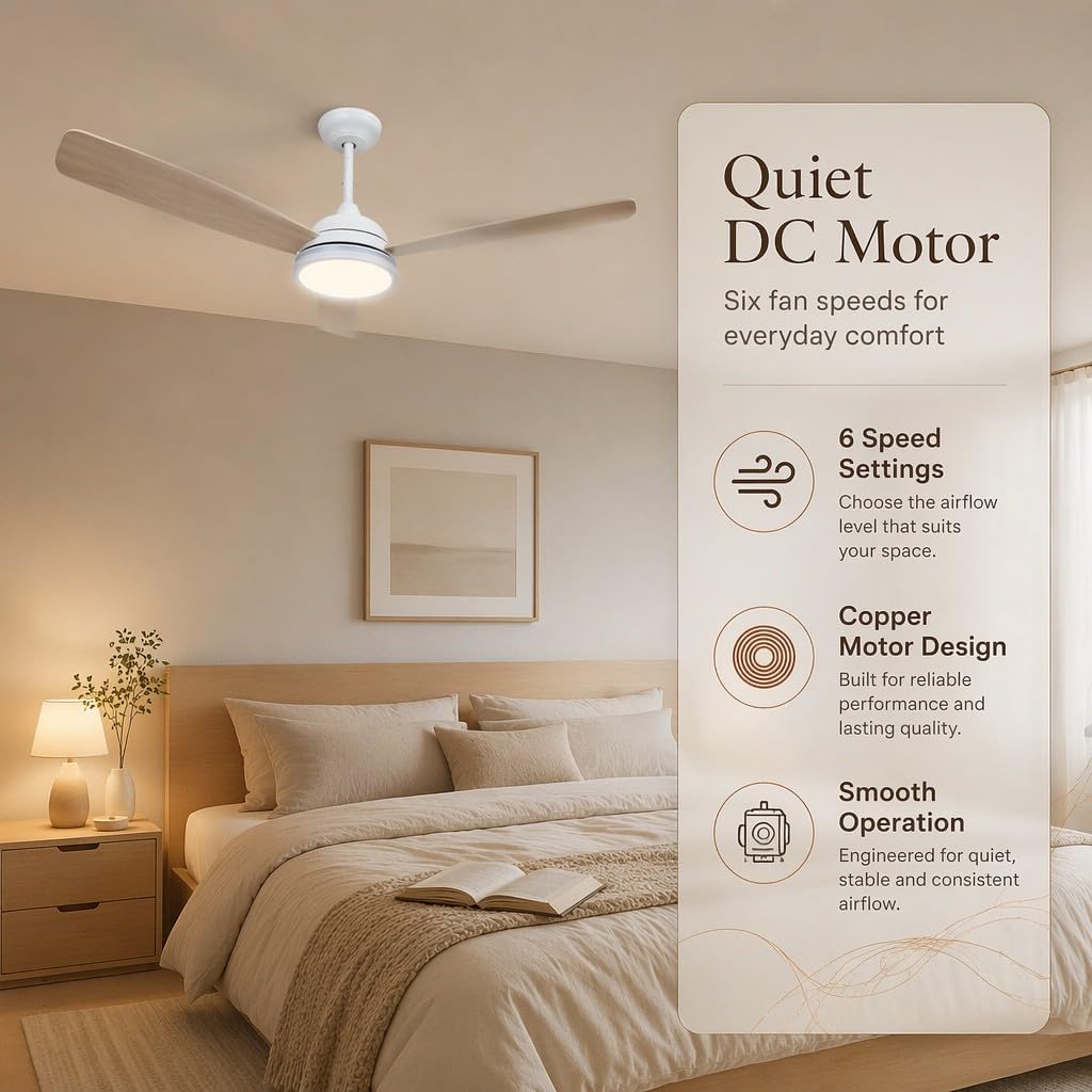Aigostar Ventilatore da Soffitto con Luce e Telecomando Silenzioso 52‘’, Dimmerabile, 2700K-6500K, 25W Motor DC Reversibile, 6 Velocità, Adatto per soggiorno, camera da letto e sala da pranzo