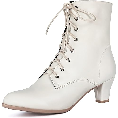 Cozivwaiy Women Vintage Victorian Boots 70s Lace up Ankle Boots Mid Heel Witch Granny Booties Costume Shoes Cone Heel Zipper Almond Toe