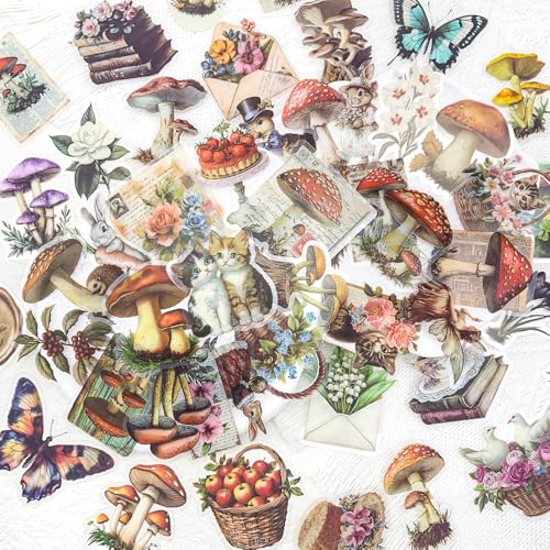 YOKSAS 50PCS Vintage Nature Mushroom Clear Scrapbook Stickers – Retro