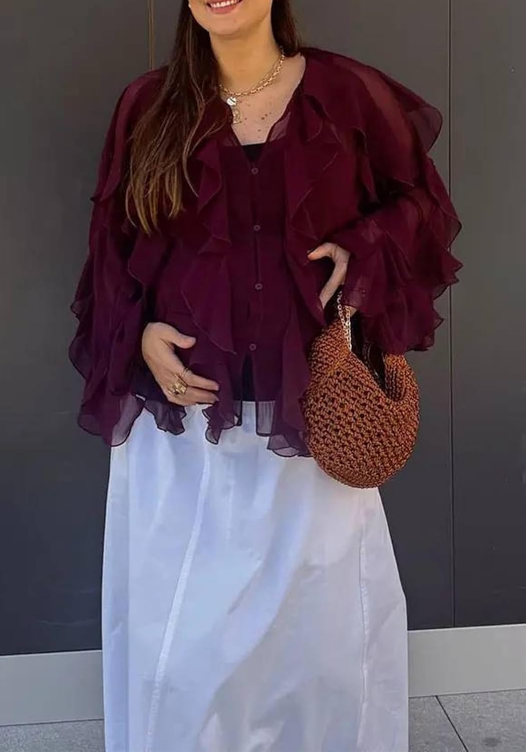 LETSVDO Women's Ruffle Chiffon Tops Puff Sleeve Sheer See Through Button Down V Neck Bubble Loose Casual Blouses Shirts - Image 6