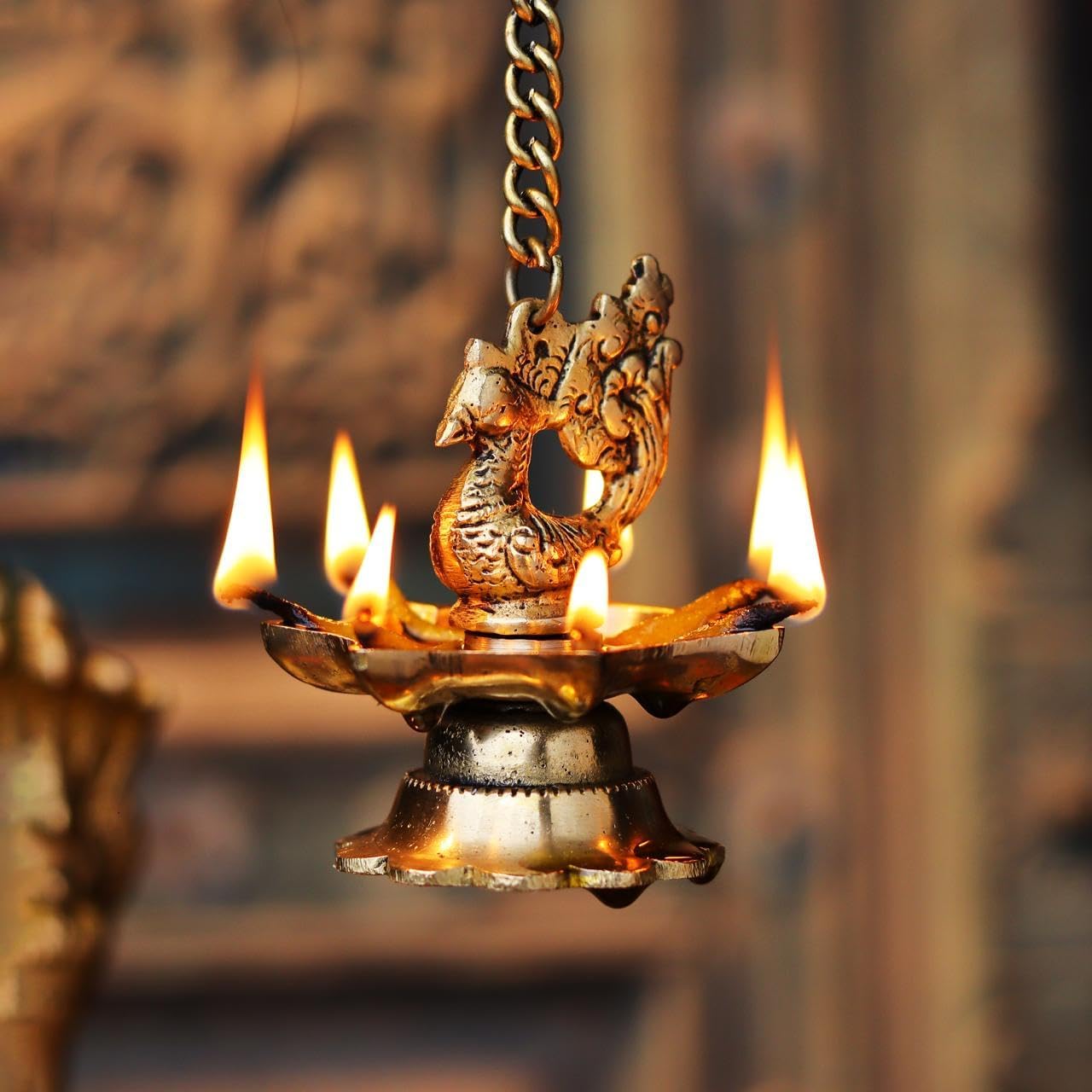Indian Shelf Handmade Peacock with Chain Religious Diya for Ceremonies God Idols Hanging Deepak Awards Pooja Oil Lamps (Size: 8cm) BOL-357