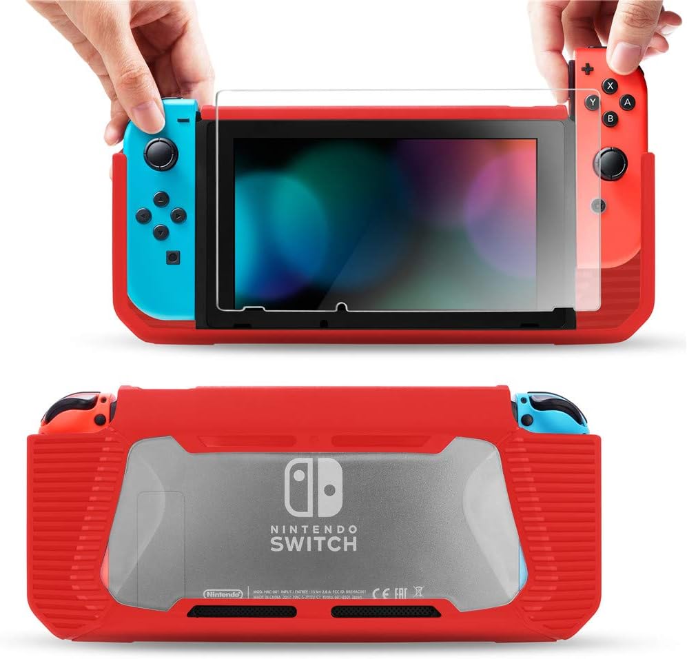 Pakesi Case for Nintendo Switch, Compatible with Nintendo Switch Cover Case with Tempered Glass Screen Protector (Rubber + PC Transparent Back Cover)-Red