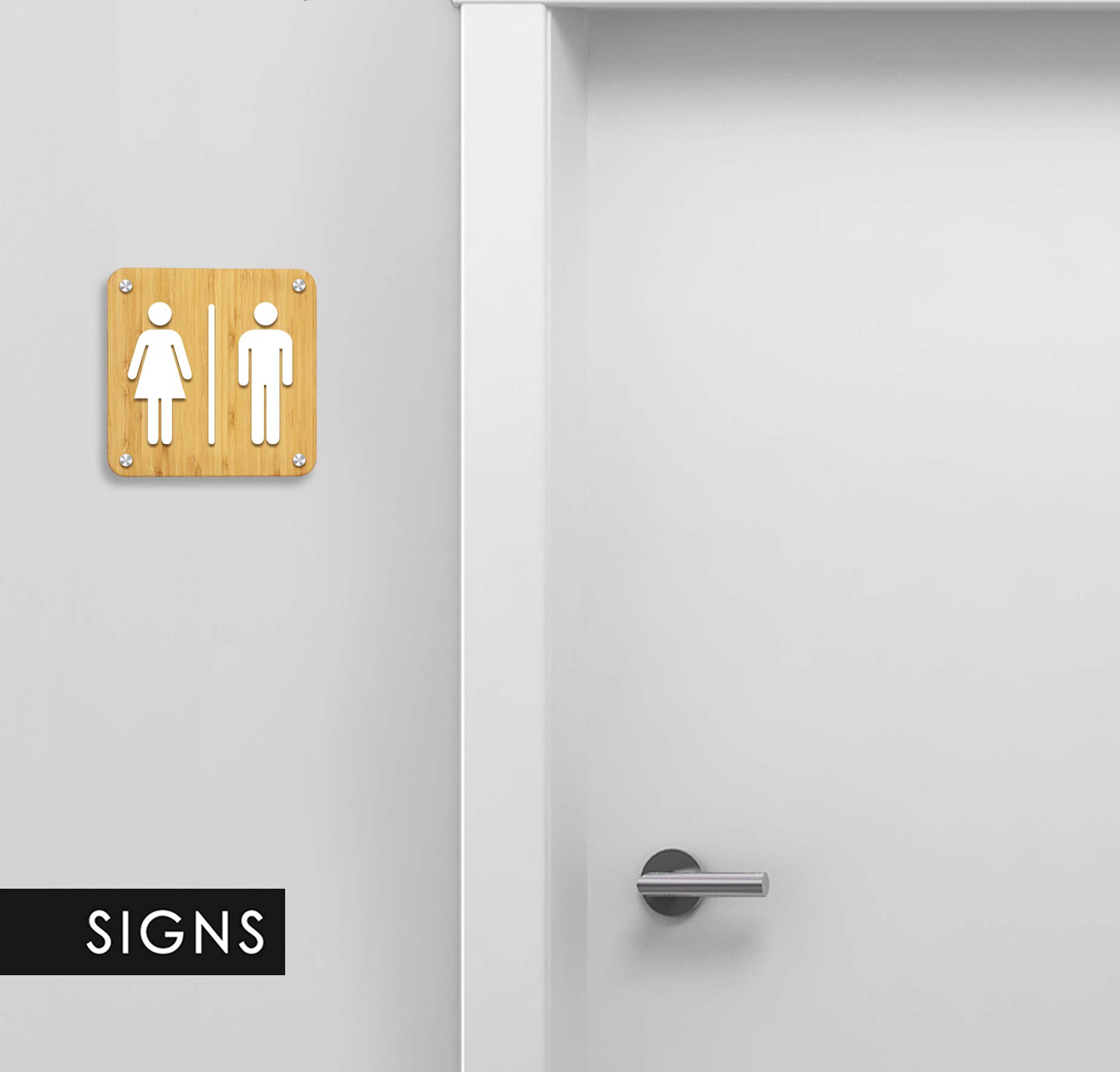 Signs [STAN08-bianco] Set 4X Placas de pared con separadores en relieve (Español/Inglés): Toilettes, Hombre, Mujer, Discapacitado, cartel de baño. Letrero WC de pared para inodoro y para puerta.