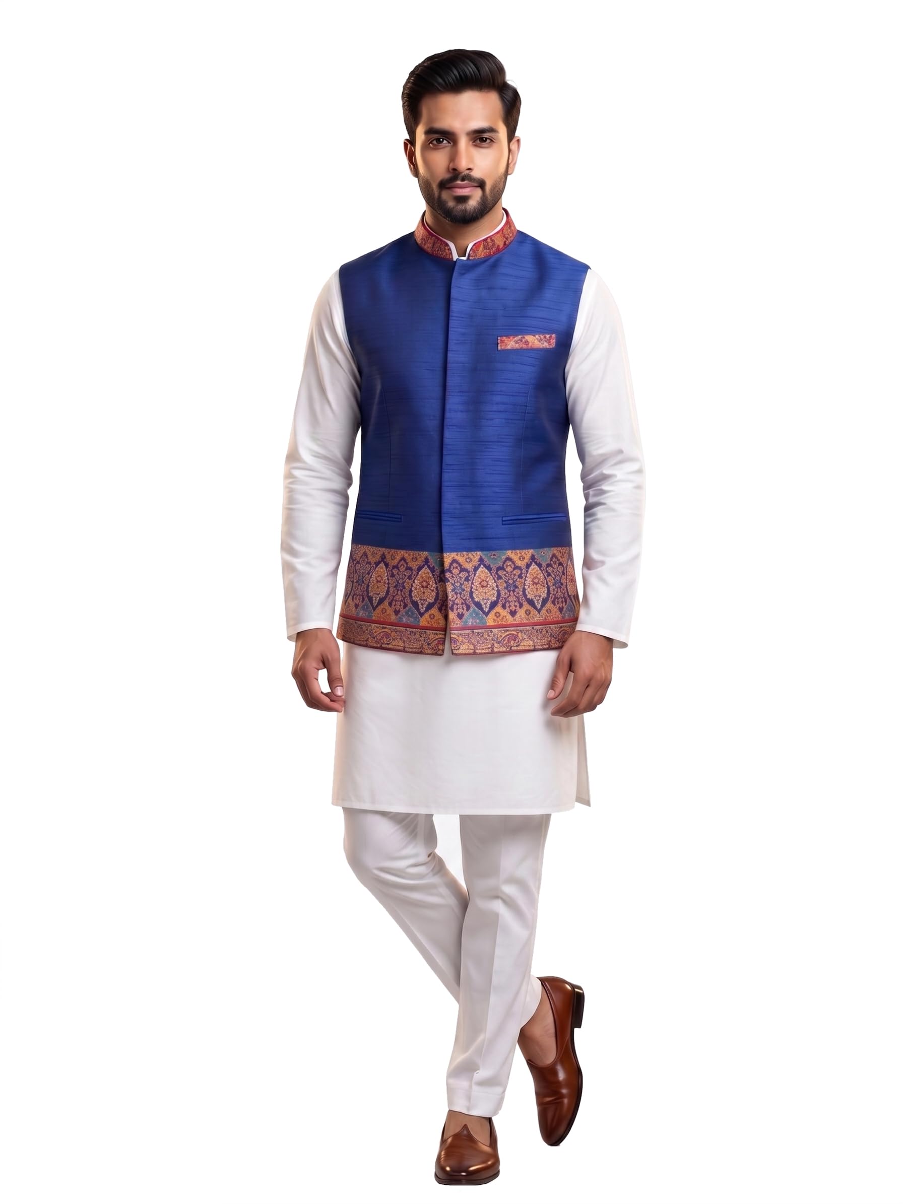 Men's Blue Nehru Jacket with Ethnic Border Detail-picture-34