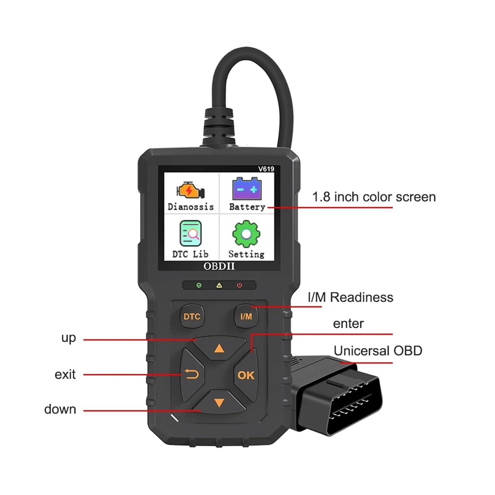 Narzędzie diagnostyczne V619 OBD2 do samochodów Odczyt informacji o pojeździe Czytnik kodów Skaner wielojęzyczny Tester akumulatora Sprawdź system silnika,Przyjazny dla użytkownika(Yellow)