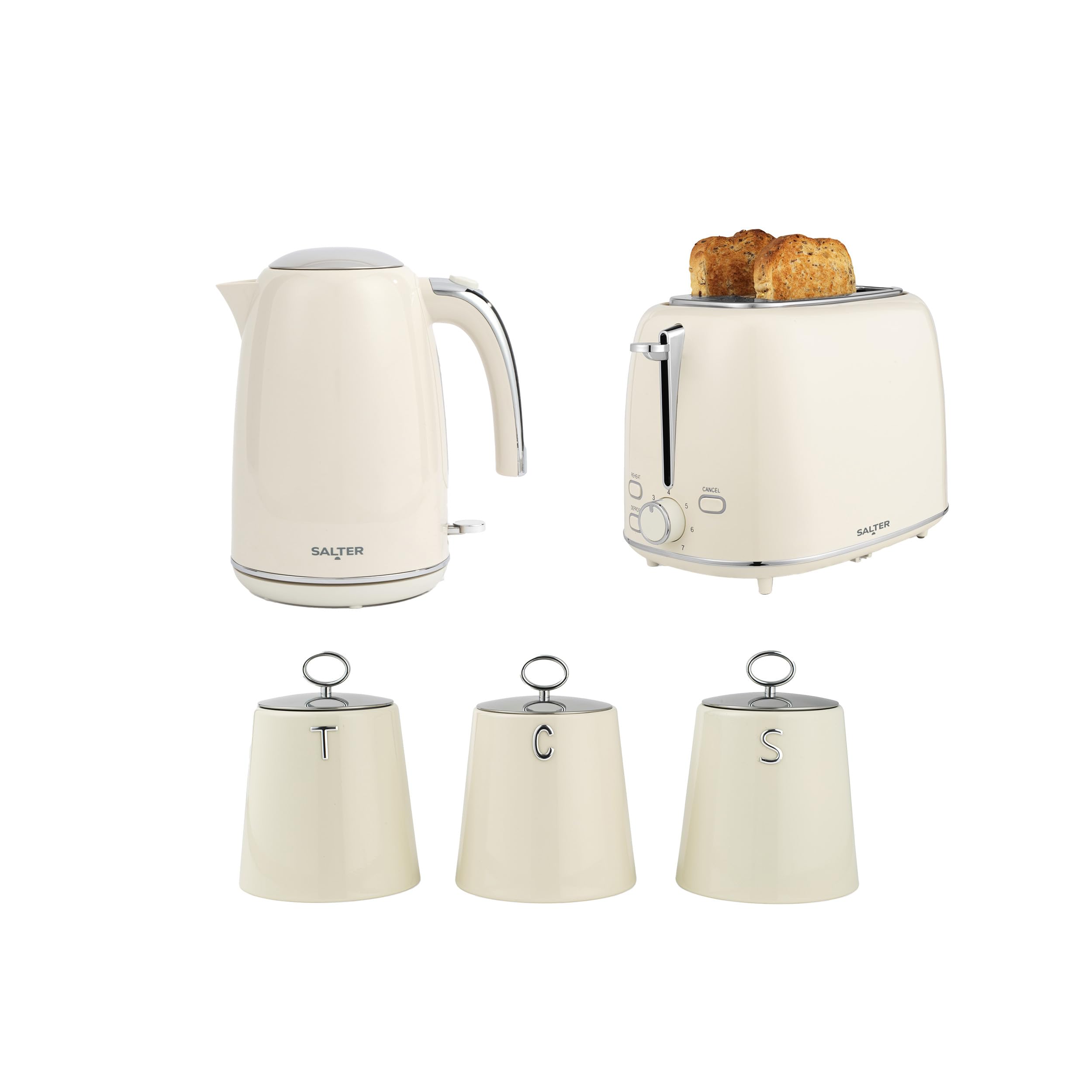 Salter Retro Kettle, Toaster & Canister Set – 1.7L Fast Boil 3 kW Kettle, 2-Slice Toaster with 6 Browning Levels, Tea, Coffee & Sugar Canisters with Embossed Lettering, Countertop Set, Cream