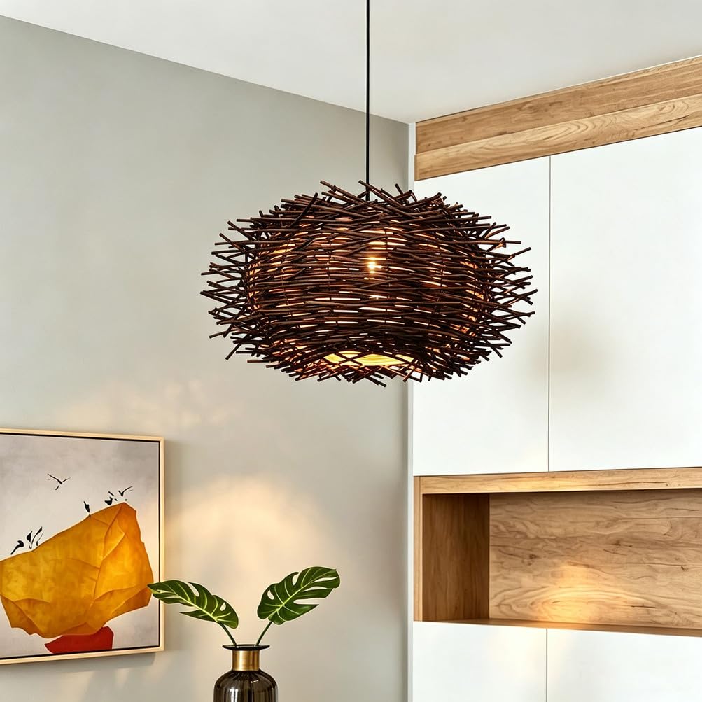 Piptyllite Straw Hat Bamboo Pendant Light, Woven Rattan Chandelier for Restaurant, Hotel & Guesthouse