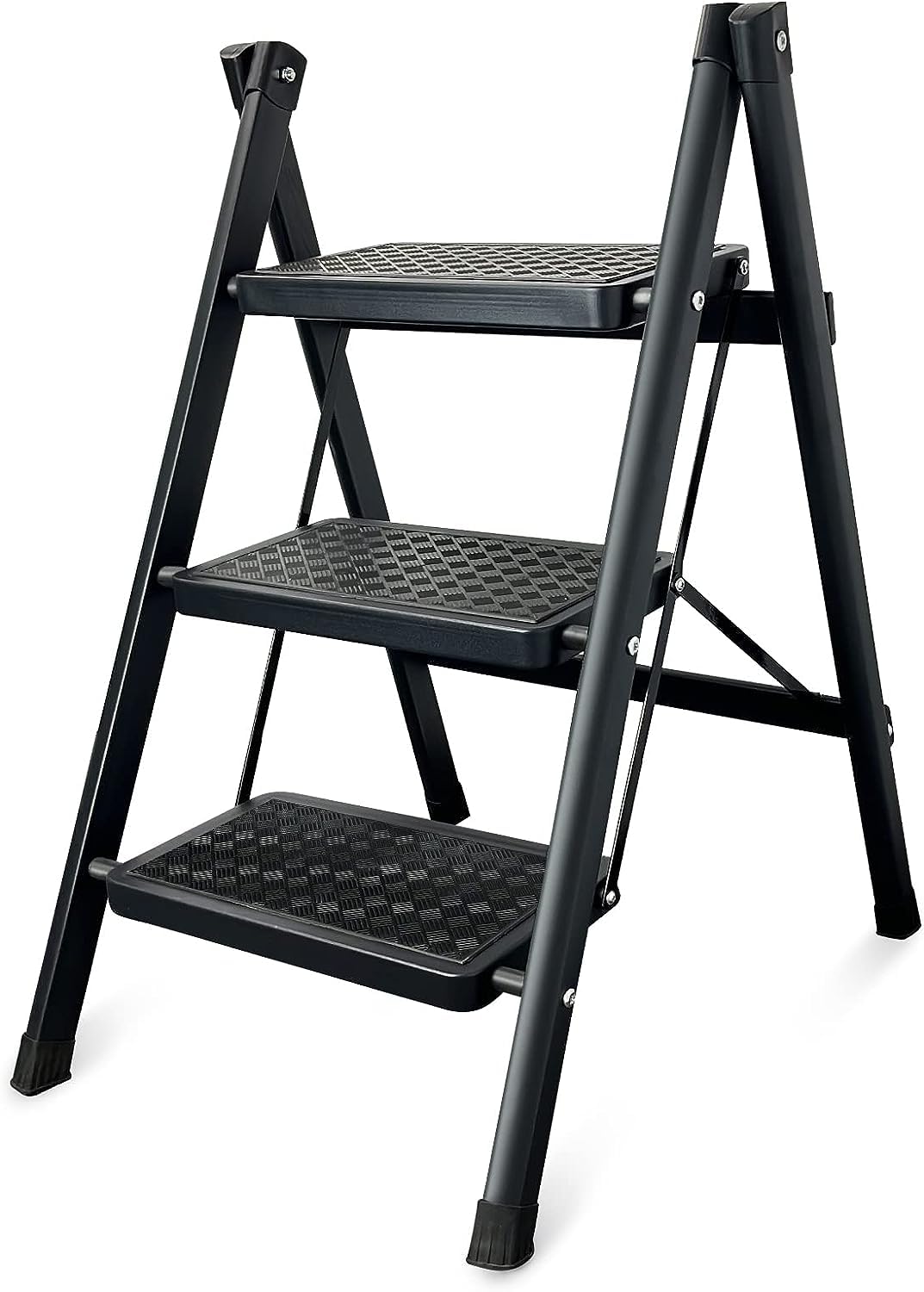 JWWYJ 3 Step Ladder, Lightweight Folding Step Stool with Anti-Slip Wide Pedal, Portable Sturdy Steel Ladder 3 Steps, 331lbs Safety Kitchen & Household Ladder (Black)