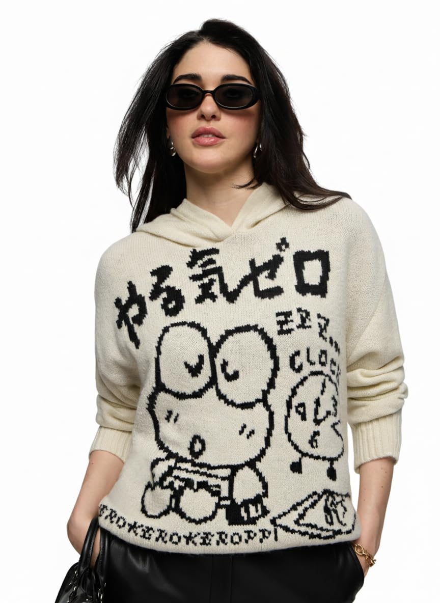 the souled store Hello Kitty: Zero Motivation Women and Girls Long Sleeves Hooded Neck Cream Graphic Printed Acrylic Blend Oversized Fit Drop Shoulder Pullover Hoodie-picture-46