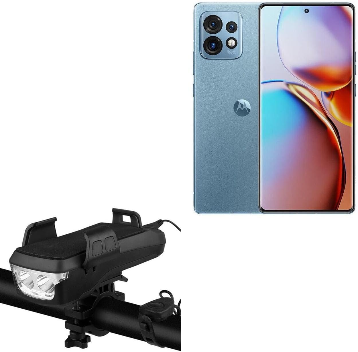 BoxWave Stand and Mount Compatible with Motorola Moto X40 - Solar Rejuva Bike Mount (4000mAh), Bike Mount with Solar Power Bank, Lights, and Horn - Jet Black