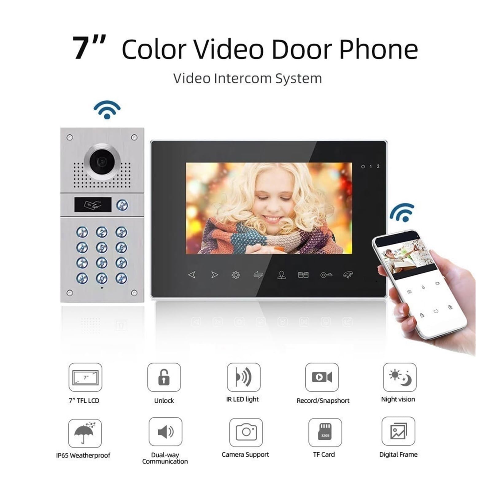 Sonnette sans fil Interphone Vidéo WiFi Sonnette Caméra HD 7 Pouces Sécurité À Domicile Porte Vidéo Système De Contrôle D'accès APP/déverrouillage De Carte Magnétique pour le bureau de l'école à domic