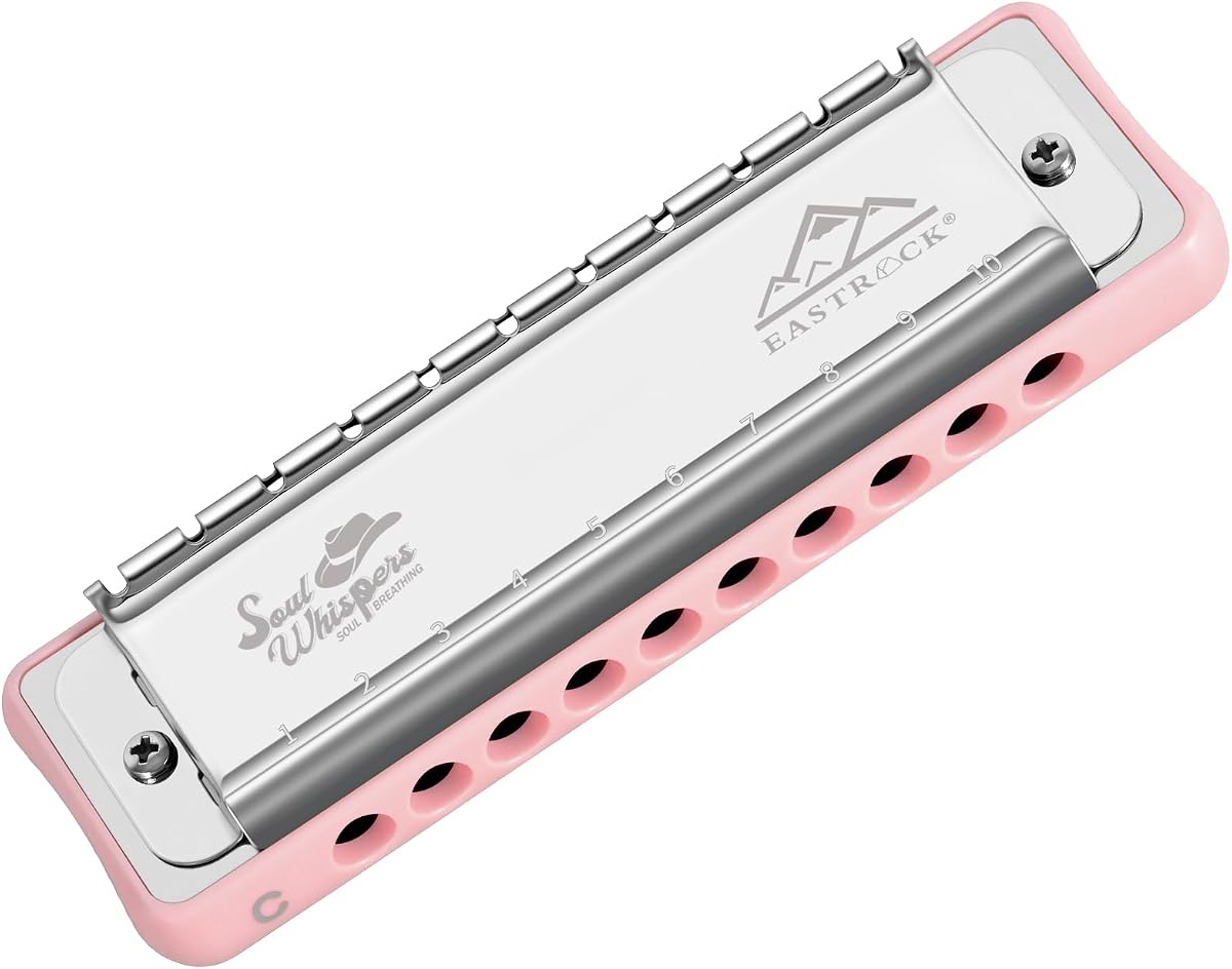 EASTROCK 10 Holes Blues Harmonica Key of C with Case CB05 Pink | Mouth Organ Explosive Power stainless steel cover phosphor bronze reeds ABS resin grille for Professional Beginners