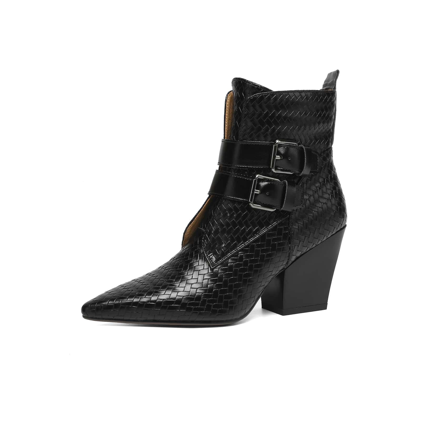 TinaCus Womens Woven Ankle Boots Genuine Leather Handmade Embossed Pointed Toe Side Zipper Stacked Heel Buckle Boots