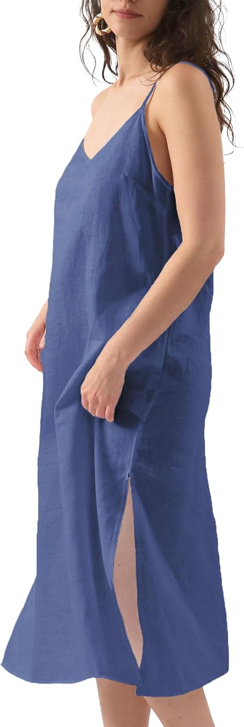 Amazhiyu Womens Pure Linen Summer V Neck Midi Spaghetti Strap Slip Dress with Pockets - Image 2