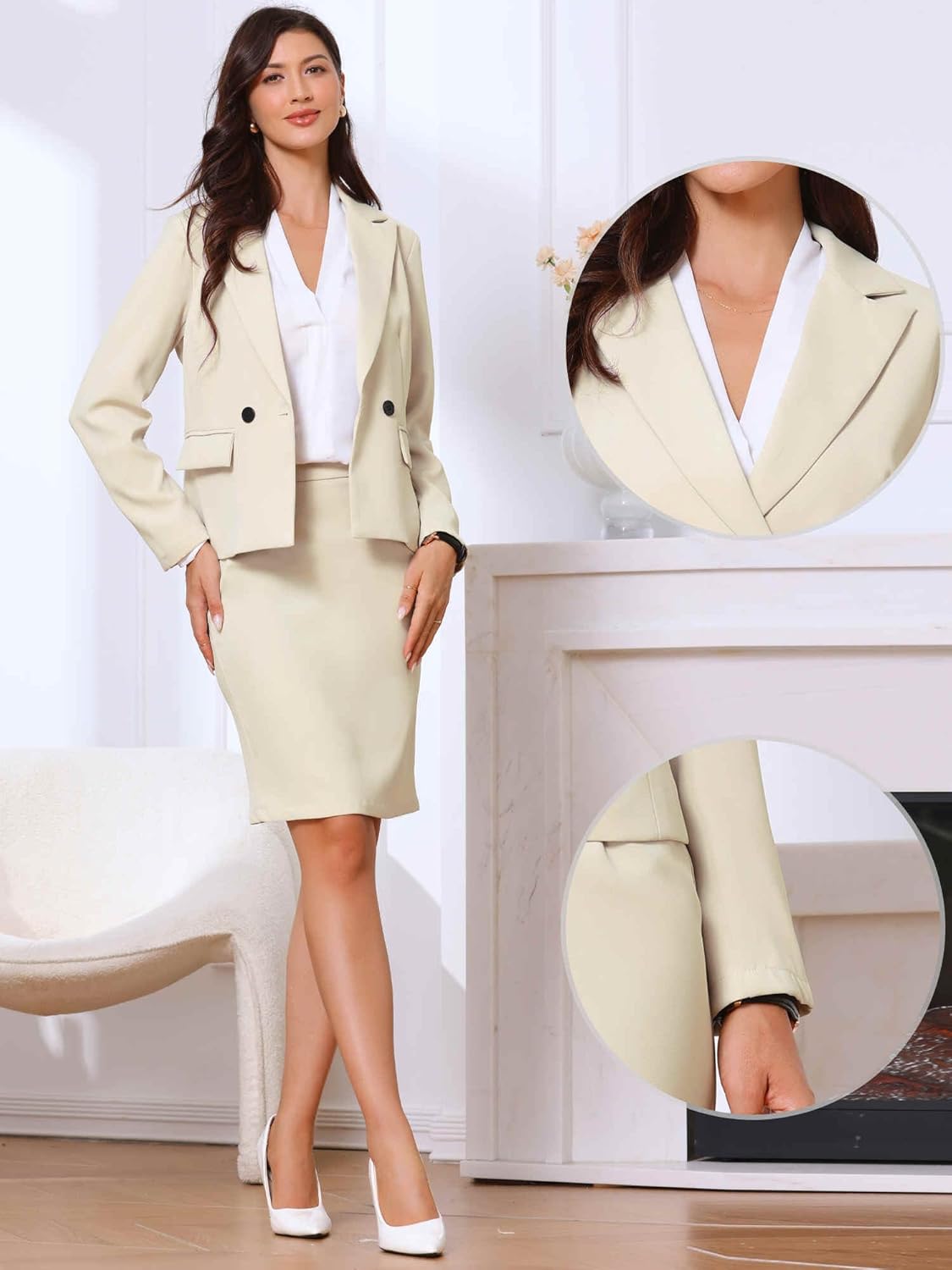 Allegra K 2 Piece Suit Skirt Set for Women's Business Button Closure Long Sleeve Blazer and Pencil Skirt Outfits - Image 2