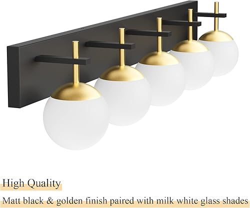 Miniatura 8 de Ralbay Luces de tocador modernas de mediados de siglo, 5 luces de globo de vidrio lechoso modernas sobre espejo largo, lámpara de pared de baño