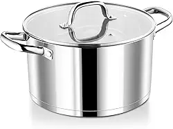 P&P CHEF Panela de cozimento de 8 litros com tampa, panela de indução de aço inoxidável para sopa, fundo de três camadas, tampa de vidro transparente e alça dupla, pode ser lavada na lava-louças