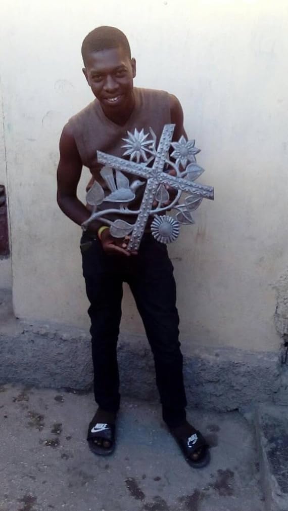 It's Cactus Fall Decor, Cross with Birds Flowers, Religious, Wall Hanging Decorations, Handmade in Haiti 16 x 17 Inches