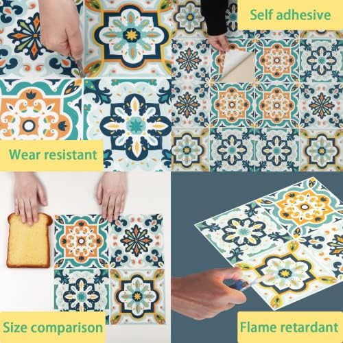 Waterproof Self Adhesive Floor Tile Vinyl Flooring Peel and Stick Floor Tiles for Bathroom Kitchen Living Room Inner Porch Colorful Moroccan 30x30cm 10 Pcs