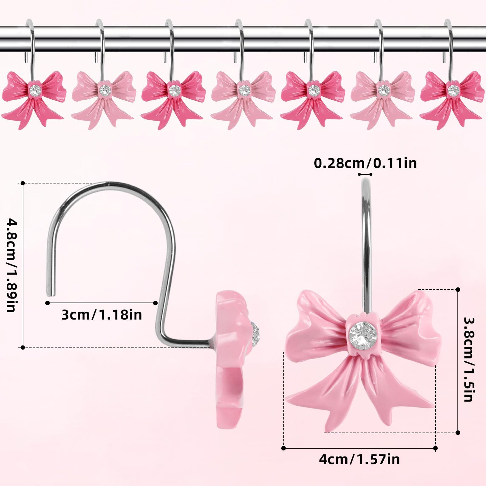 12PCS Pink Bow Shower Curtain Hooks, Coquette Decorative Shower Curtain Rings with Diamond, Cute Shower Hanger Hooks for Girls, Bathroom Bedroom Decor Accessories
