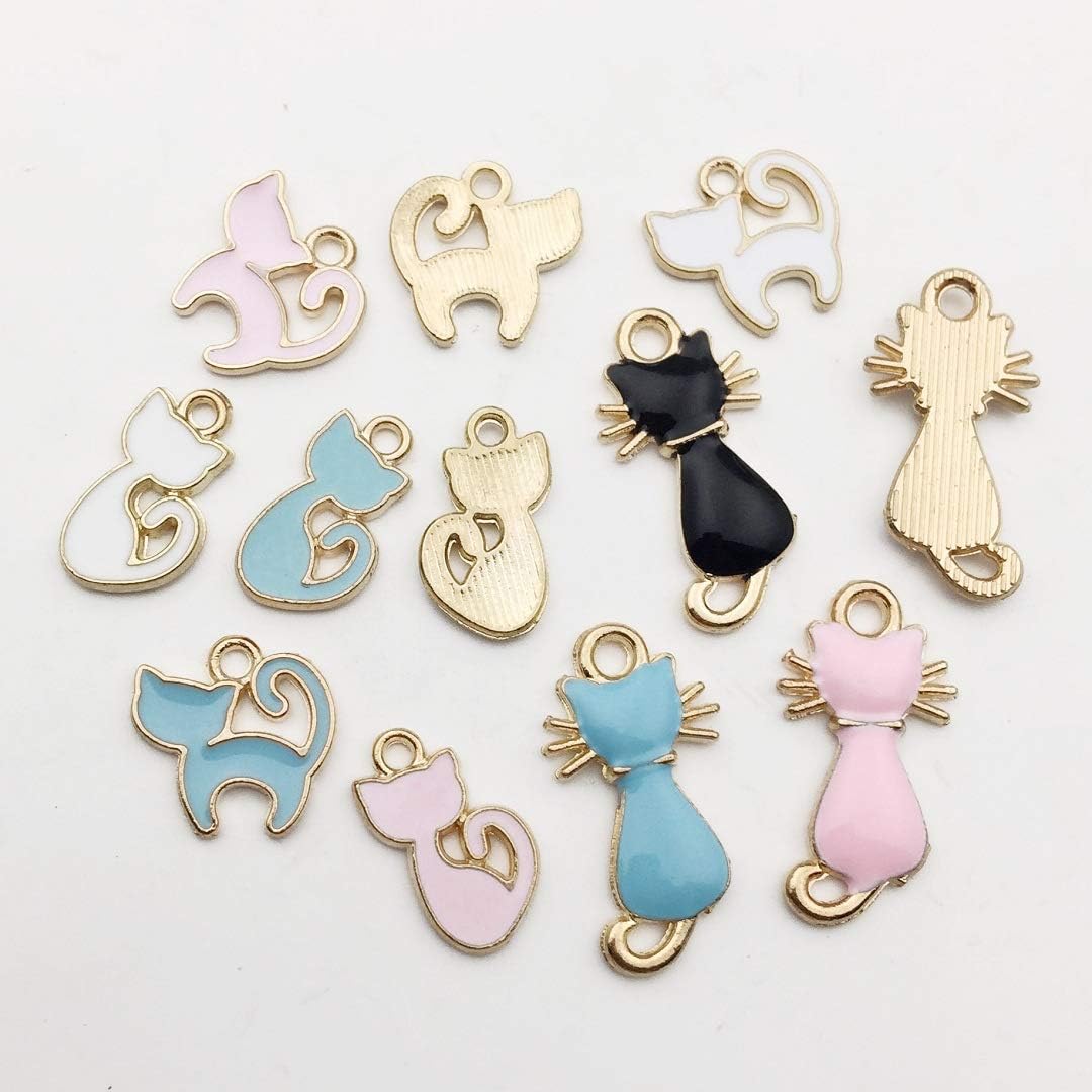 48pcs Assorted Gold Plated Enamel Cat Charm Pendant for DIY Jewelry Making Necklace Bracelet Earring DIY Jewelry Accessories Charms (M161)