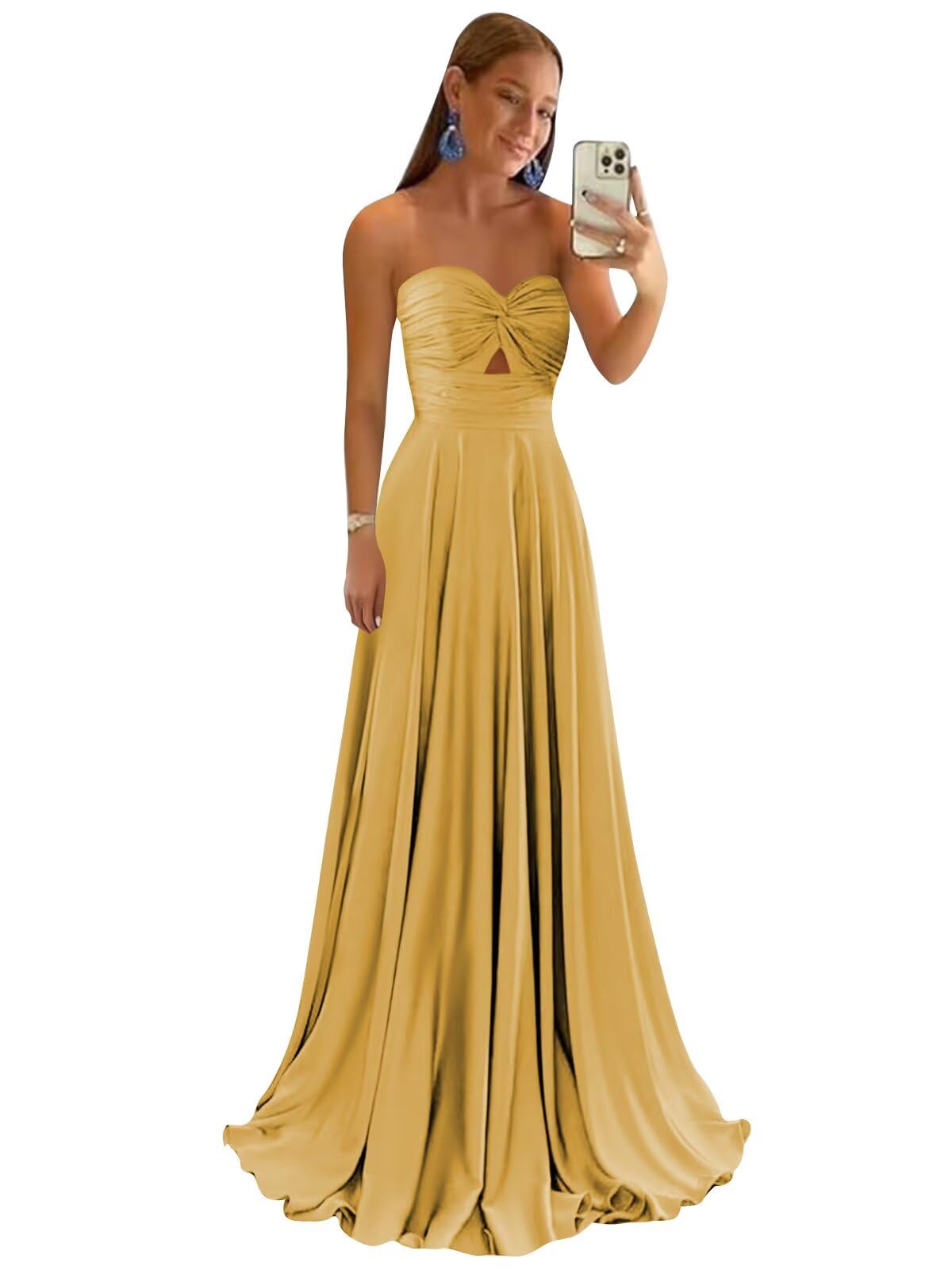 Vnaix Bridals Strapless Prom Dresses Long Ruched Satin Formal Bridesmaid Dresses for Women