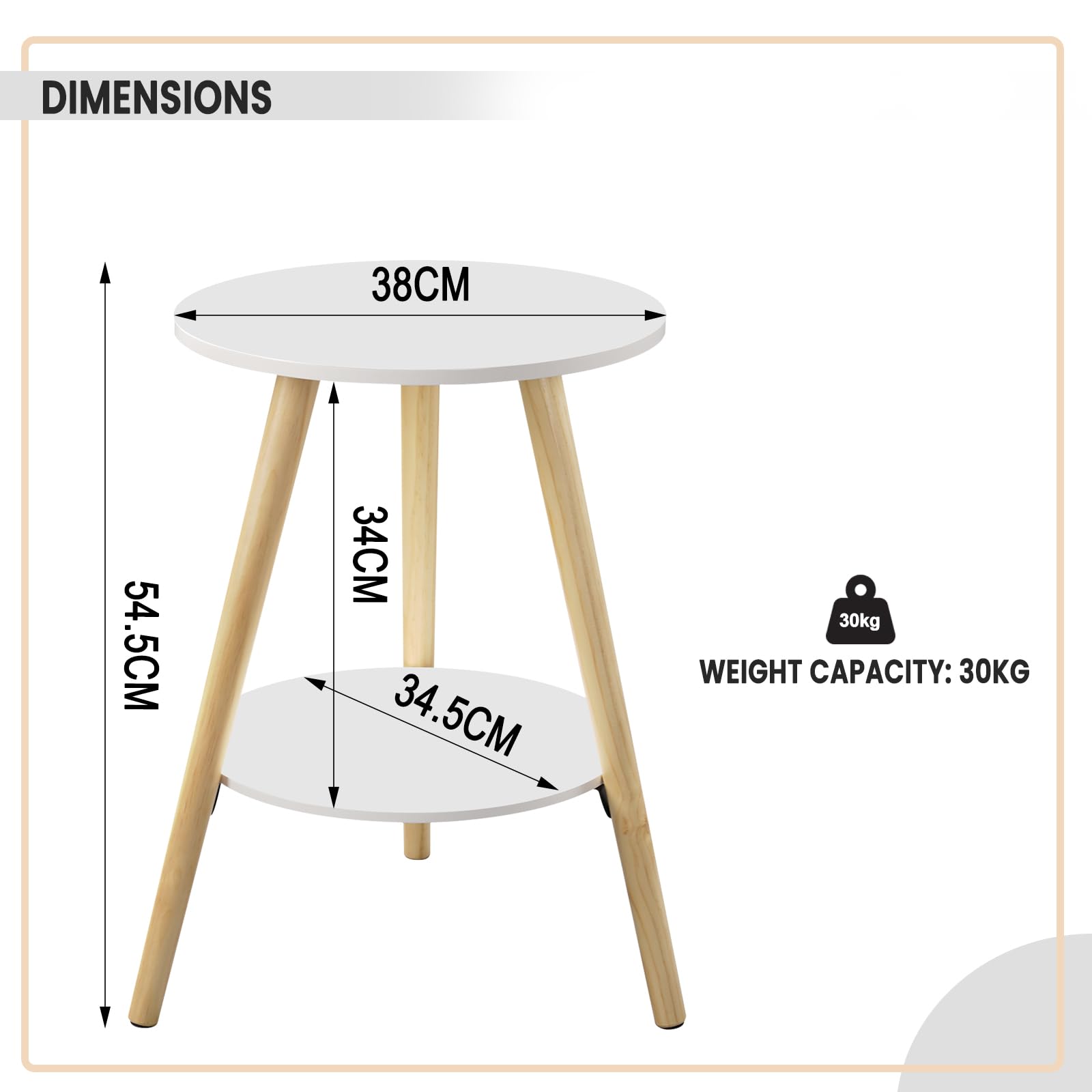 EUGAD Mesita de Noche, Mesa Auxiliar para Sofa y Cama, Mesa de Centro Redondo, Mesilla para Dormitorio Sofa Cama, Blanco+Madera Original, 38x38x55 cm, 0006CHJ